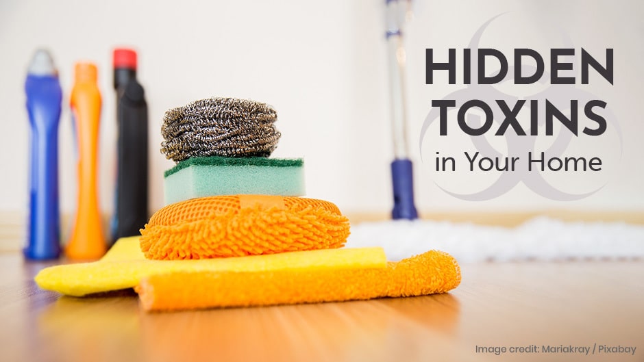 Cleaning supplies and sponges on a wooden surface with the text "Hidden Toxins in Your Home" on the right side.