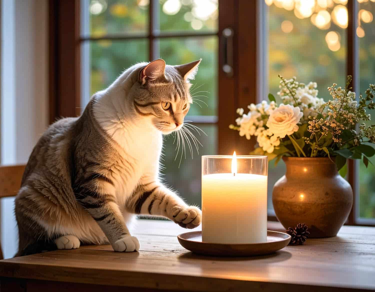 A tabby cat sits on a wooden table, curiously reaching toward a lit candle. A vase with white flowers and a pinecone are also on the table near a sunlit window.